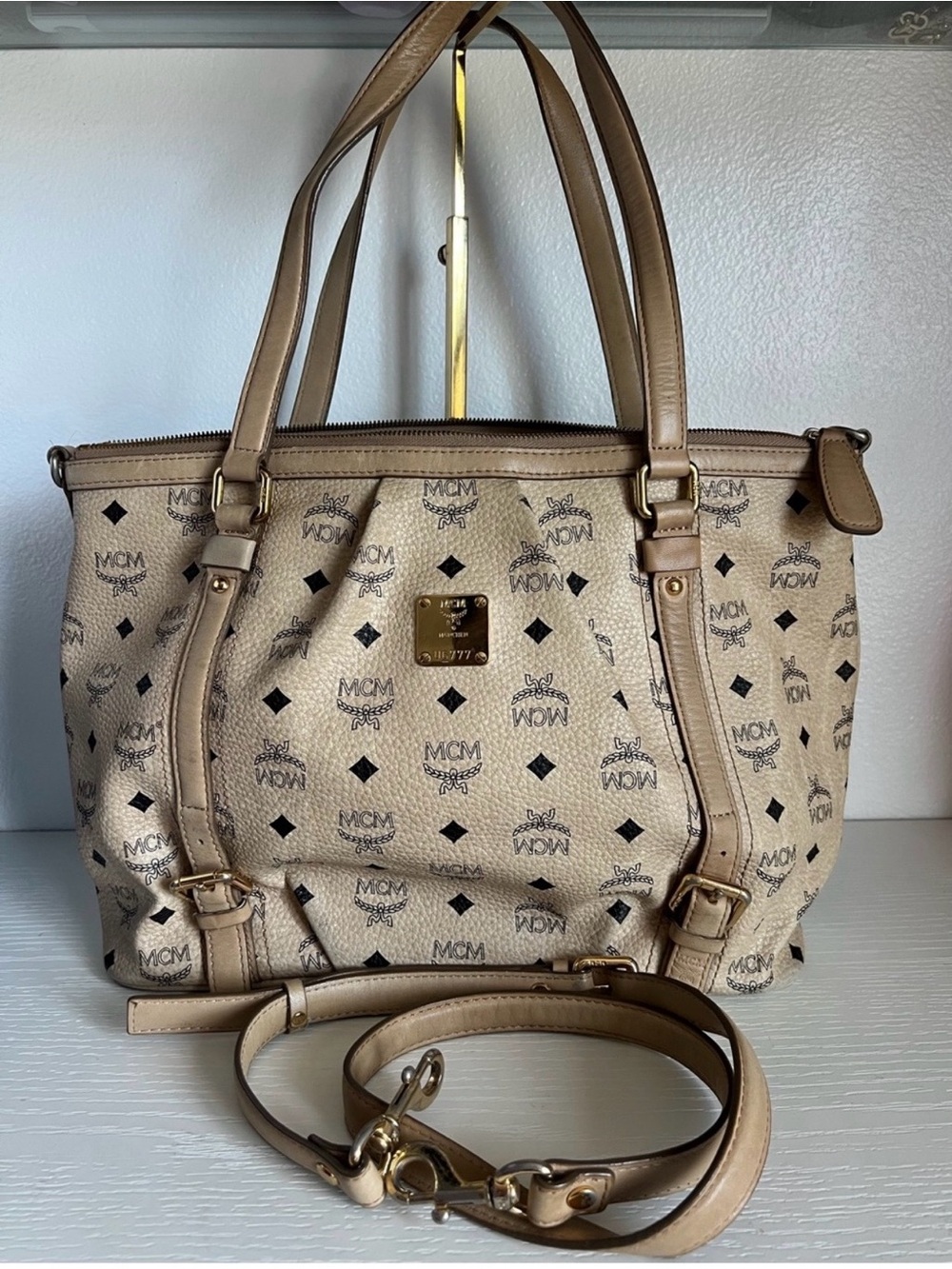 MCM Beige Visetos Canvas Tote with long strap